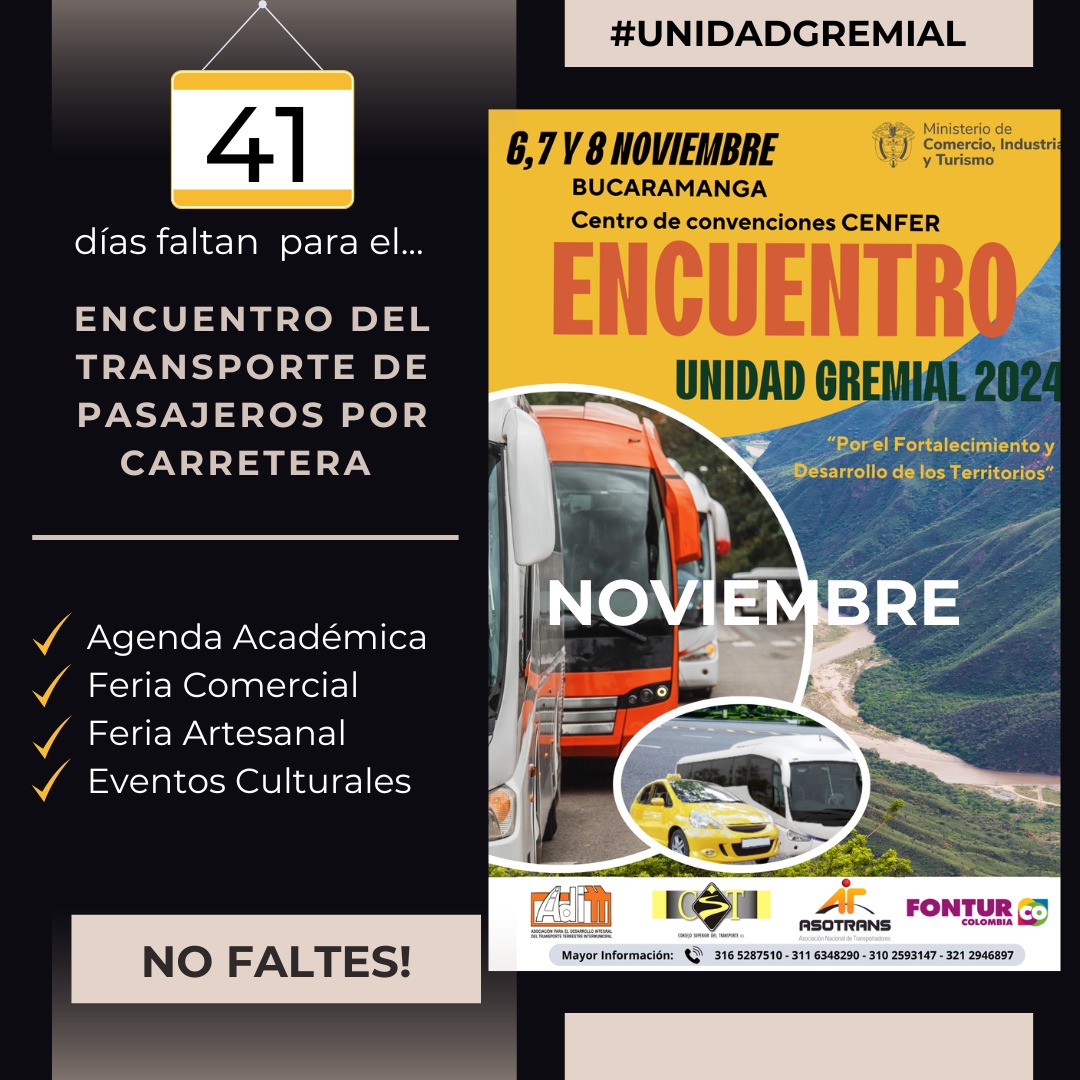 🚍✨ en #Noviembre Todos los empresarios del transporte de pasajeros se reunirán en <a href="/CenferSA/">CENFER</a> ✨
⏳ Faltan solo 41 días para el evento más importante del transporte de pasajeros por carretera. ¡No te lo pierdas! 🚍🚕🖊️📔 #UNIDADGREMIAL