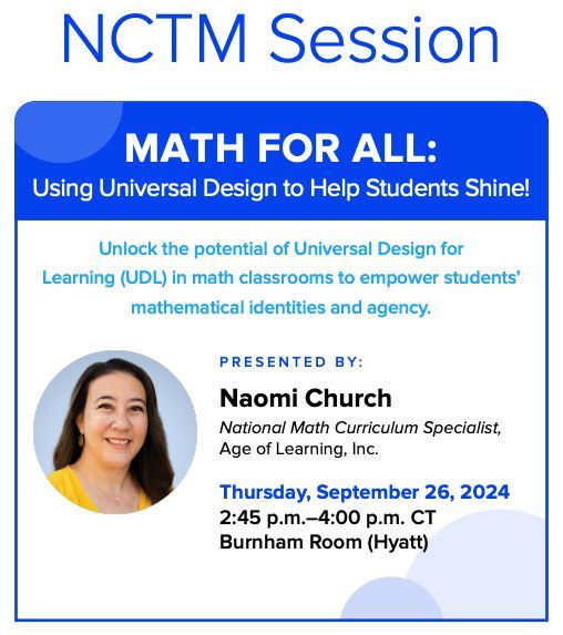 Today is the day! Join me at 2:45pm CT for a universally designed, interactive experience! #UDL #MathforAll #NCTMChi24 #AgeofLearning @ageoflearning