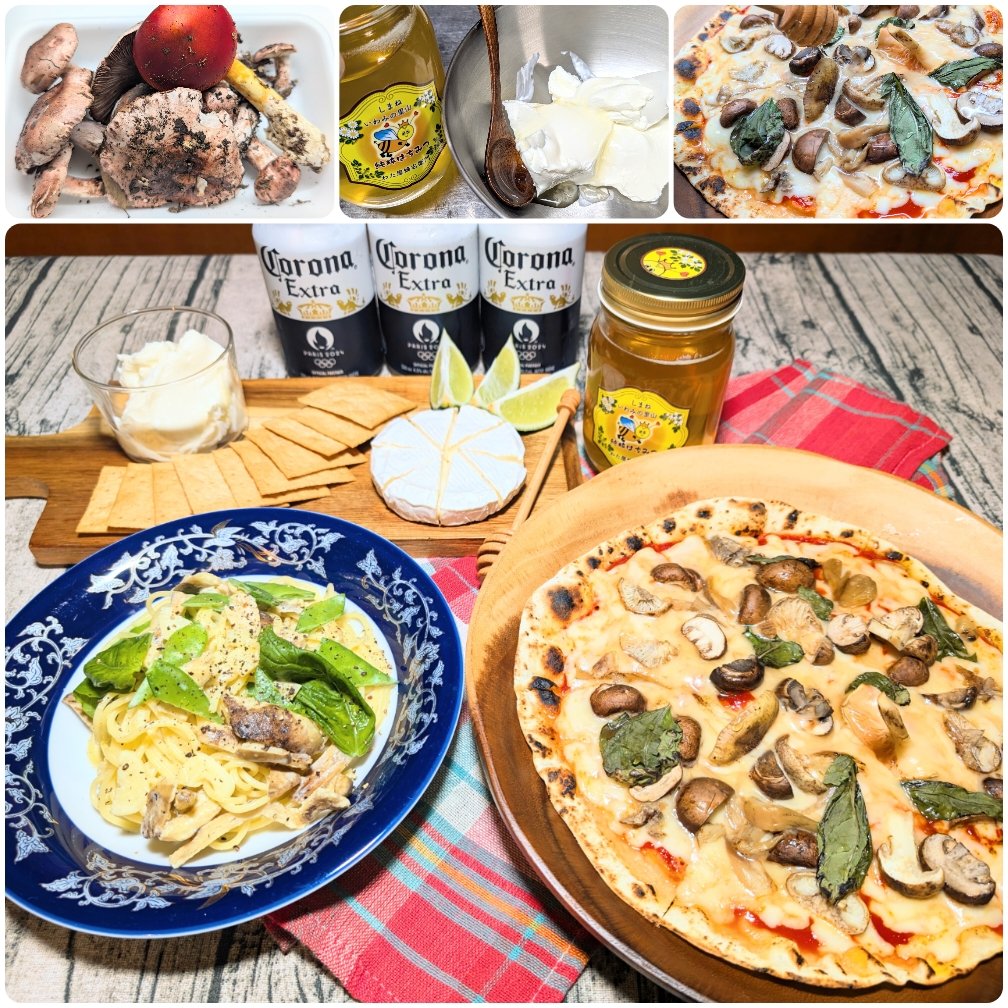 rv_l97's tweet image. #天然きのこ #晩ごはん
長野県伊那産天然きのこ🍄🟫
サクラシメジ&タマゴタケのクリームパスタ
蜂蜜クリームチーズ&カマンベール/カナッペ
わた屋蜂右衛門さんの蜂蜜使用🍯🐝
自家製きのこピザ🍕
サクラシメジ&ショウゲンジ/蜂蜜
Corona Extra ビール🍻