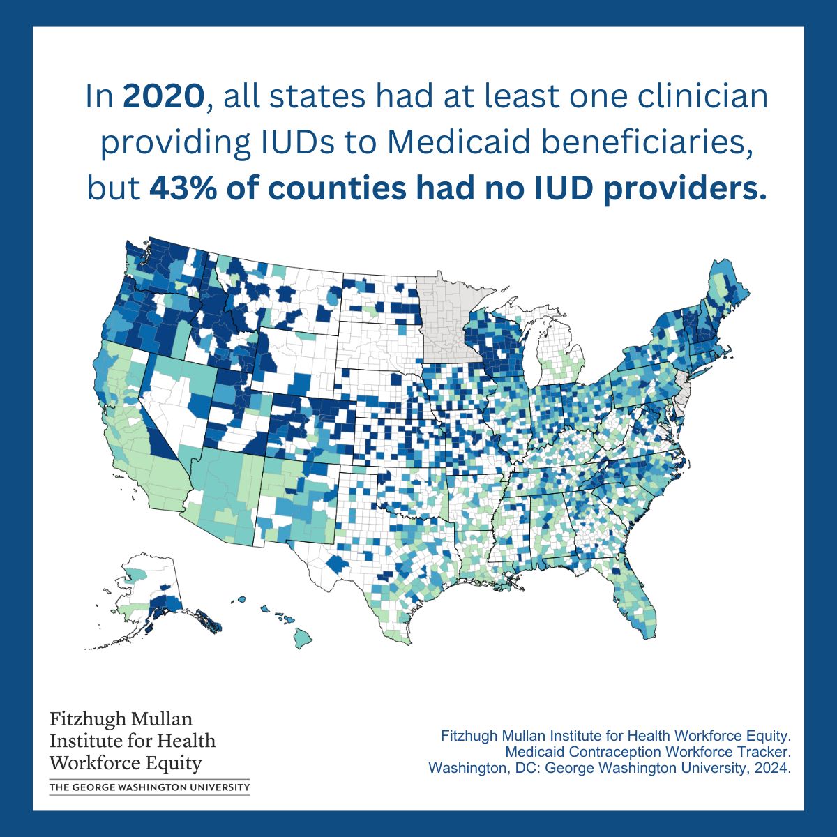 In 2020, while all states had at least one clinician providing IUDs to Medicaid beneficiaries, 43% of counties had no IUD providers.

See for yourself and answer your own research questions using the free interactive map at gwhwi.org/medicaid-track…