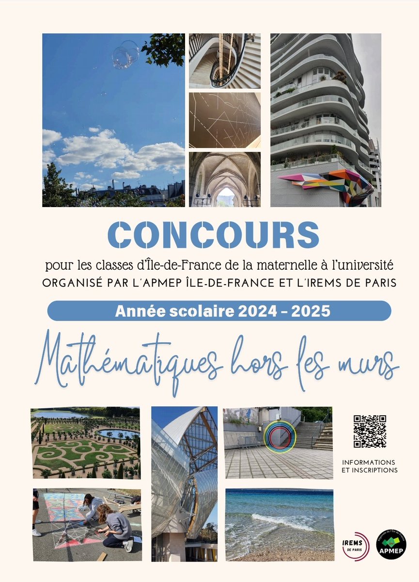 Cette année, participez avec vos classes et créer un journal pour le concours "mathématiques hors les murs" de la Régionale <a href="/APMEP_IDF/">APMEP Île de France</a> et l'IREMS de Paris. 
Toutes les infos : apmep-iledefrance.fr/Le-reglement-d…