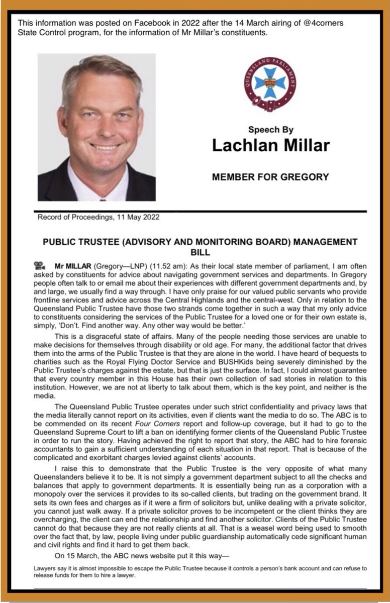 DixDotty's tweet image. After former Qld Public Advocate Mary Burgess tabled a scathing report re QLD Public Trustees, MP Lachlan Millar placed the article below on his Facebook page 4 his constituents information. The situation he describes has been happening Australia Wide 4 at least 3 decades.