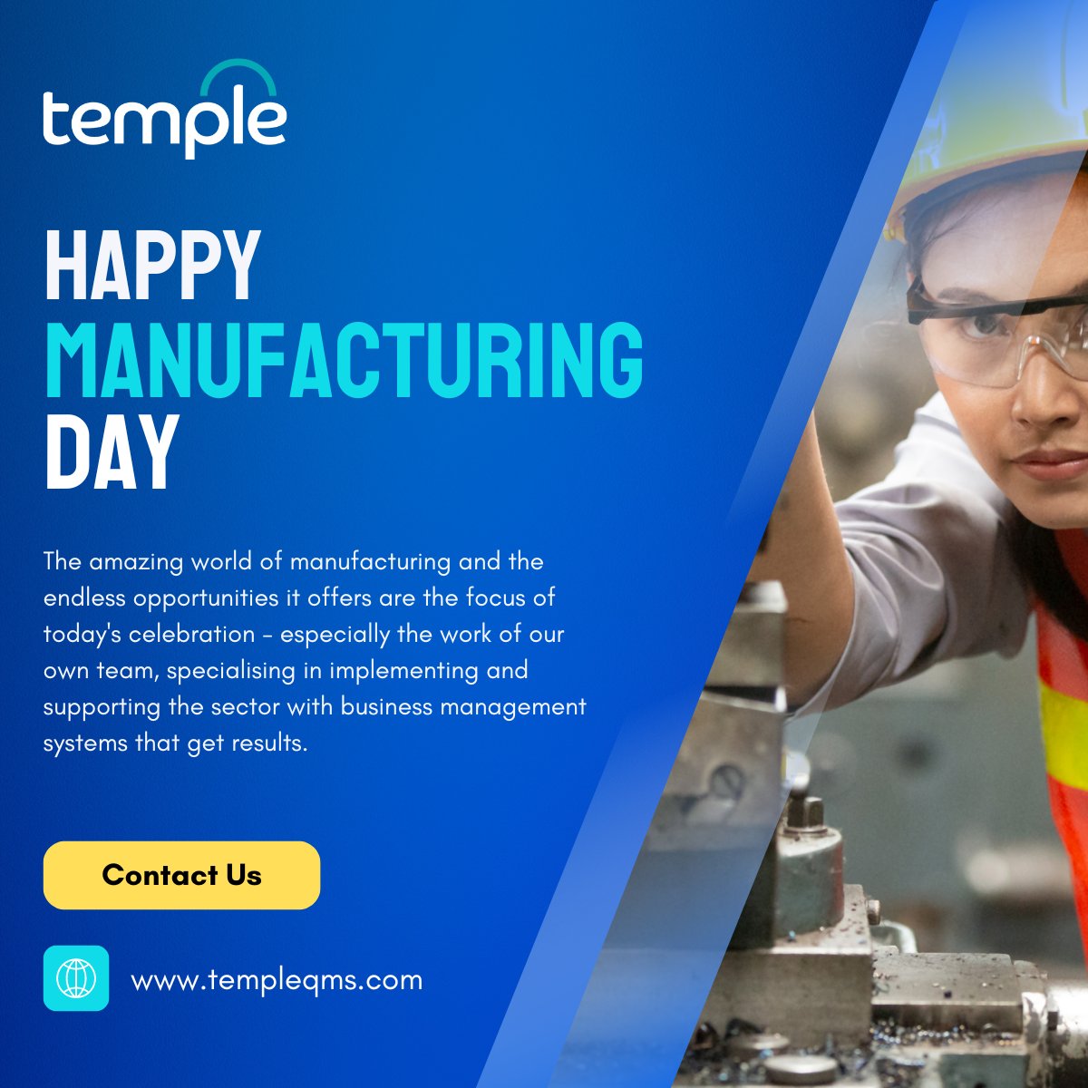 Temple_QMS's tweet photo. Happy National Manufacturing Day! 🙌

We wish manufacturing and its talented people a bright future! 

#NationalManufacturingDay #Manufacturing #qualitymatters #iso9001 #iso14001 #iso45001 https://t.co/fXAAueLg20