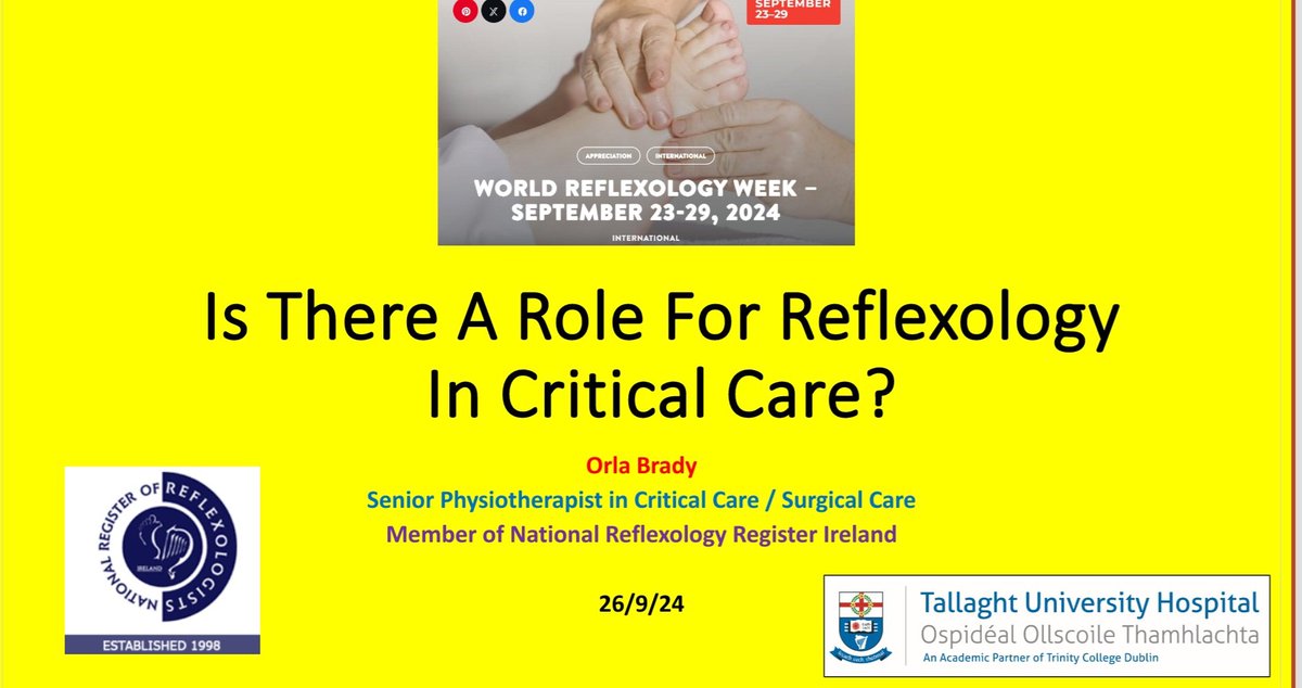 Celebrating world reflexology week by presenting the concept of using holistic therapies (reflexology)with patients in critical care. Further research is required, however reflexology is safe, feasible &amp; has potential to improve patients experiences. #humanisingicu