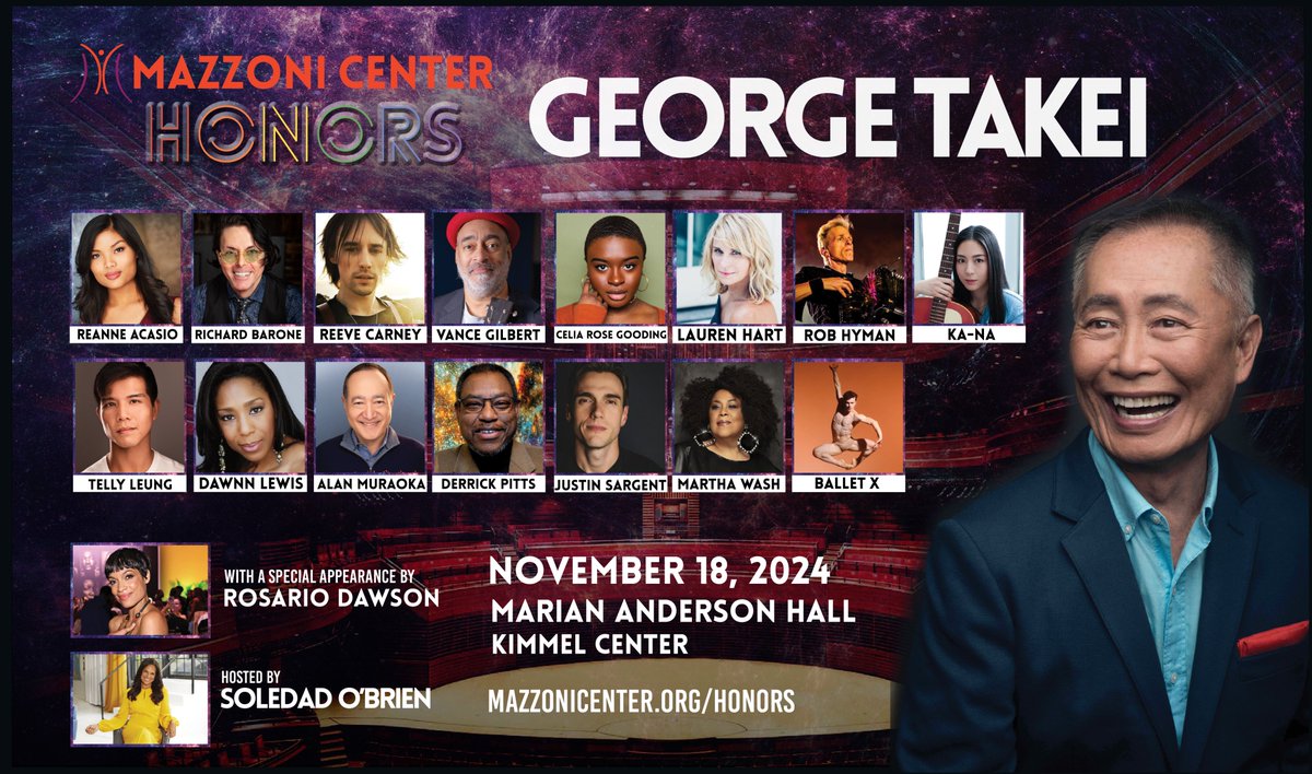 DavidIWeisberg's tweet photo. So excited for this! @GeorgeTakei @reevecarney @vancegilbert @dawnn_lewis @BalletX @rosariodawson @soledadobrien #mazzonicenter https://t.co/E5B3x1f1st