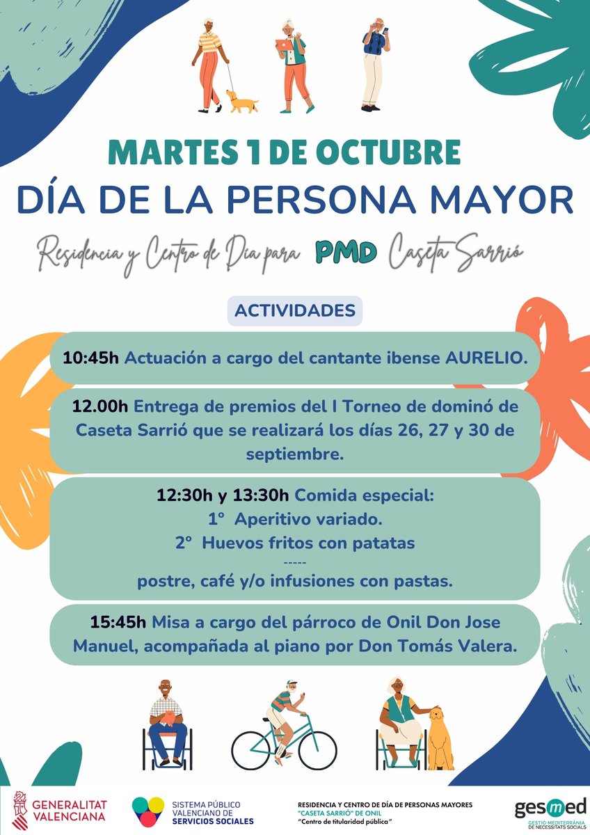🗓 Con motivo de la celebración el martes 1️⃣ de octubre del #DíaDeLaPersonaMayor, #CasetaSarrió de #Onil ha preparado una jornada llena de actividades para personas usuarias, profesionales del centro  y familiares 👋 ¡Os esperamos!

#GesmedCasetaSarrió <a href="/AytoOnil/">Ayuntamiento de Onil</a> <a href="/gvaigualtat/">GVAIgualtat</a>