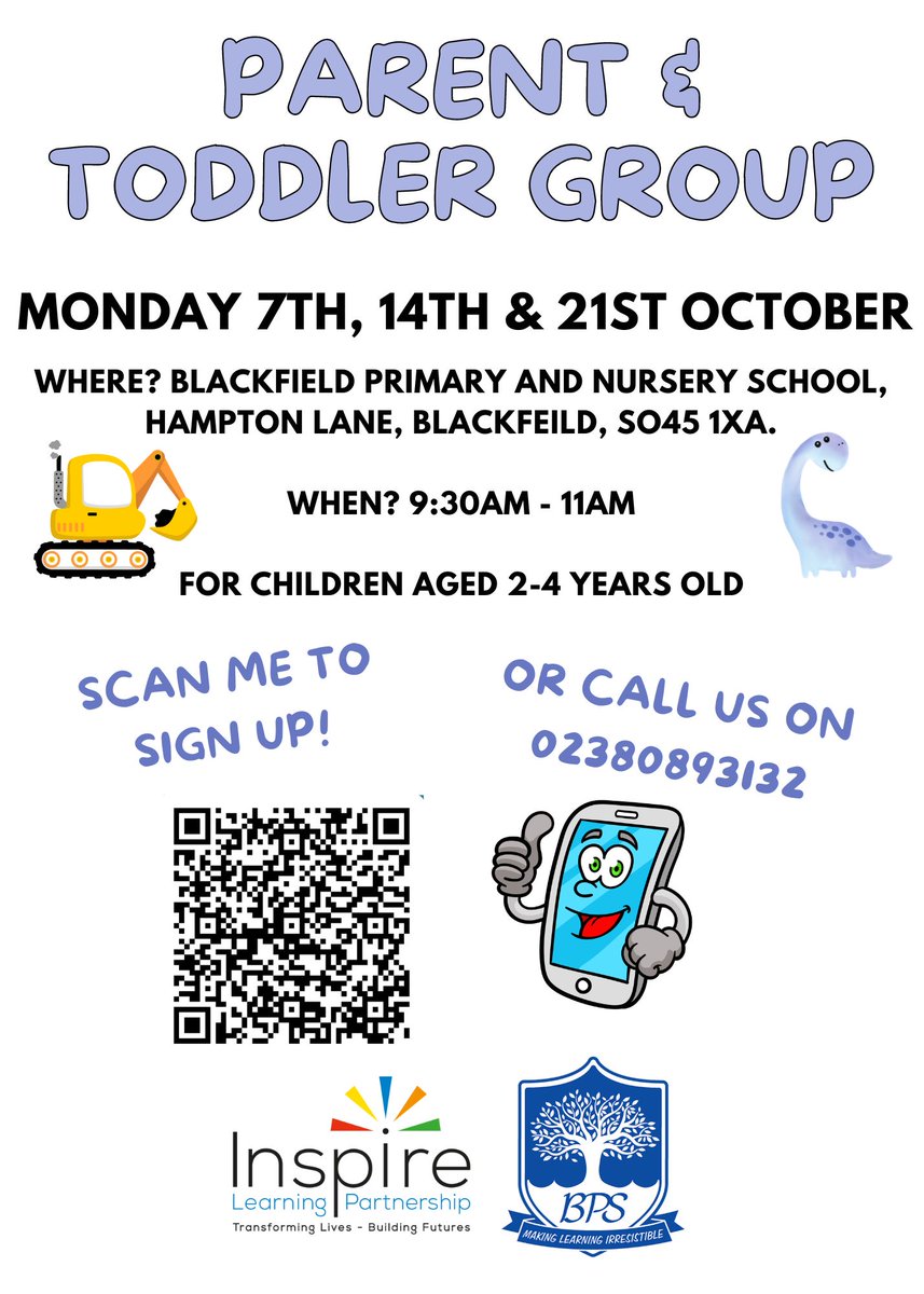 Do you have a child between the ages of 2-4 years old? If so, we would love for you to come along to our Parent &amp; Toddler Groups being held at Blackfield Primary and Nursery School on Monday 7th, 14th &amp; 21st October.  Details of how to sign-up can be found below.