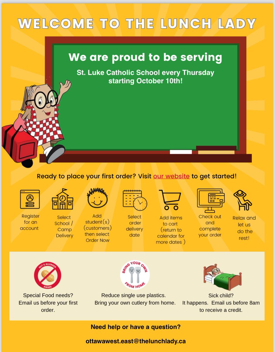 We are excited partner with The Lunch Lady this year at St.Luke for Thursday lunches. 
Please visit order.lunchlady.ca to register your child, choose St.Luke, Nepean and order from the many options available. 
Meals with be every Thursday start Oct 10.