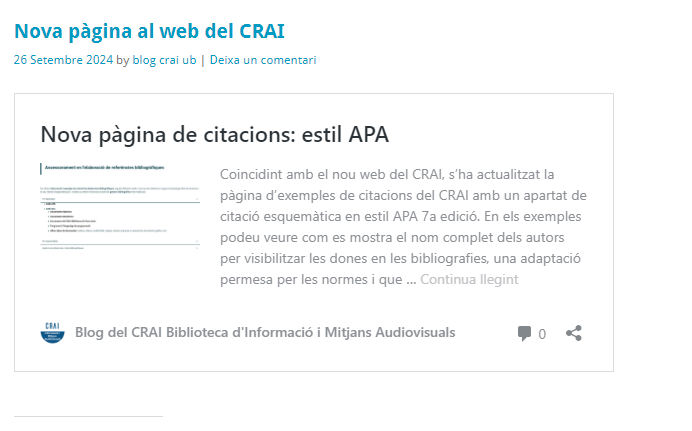 CRAI UniBarcelona (@crai_ub) on Twitter photo #RecursosCRAIUB 🖥
📣 Nova pàgina de citacions disponible al web del #CRAIUB: estil <a href="/APA/">American Psychological Association</a>, de l'American Psychological Association (7a edició).
♀️ ✍️ Aquest model permet incloure el nom complet dels autors i visibilitzar les #dones en les bibliografies, com recomana el llibre #RecursosCRAIUB 🖥
📣 Nova pàgina de citacions disponible al web del #CRAIUB: estil <a href="/APA/">American Psychological Association</a>, de l'American Psychological Association (7a edició).
♀️ ✍️ Aquest model permet incloure el nom complet dels autors i visibilitzar les #dones en les bibliografies, com recomana el llibre