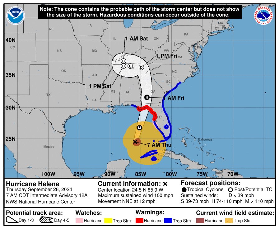 NashSevereWx's tweet photo. NHC update: Helene will weaken to a tropical depression (weaker than a tropical storm) when its center gets here tomorrow. Expecting wind gusts in the mid 30 MPH range. Secure outdoor stuff. https://t.co/FTNJvWcdfn