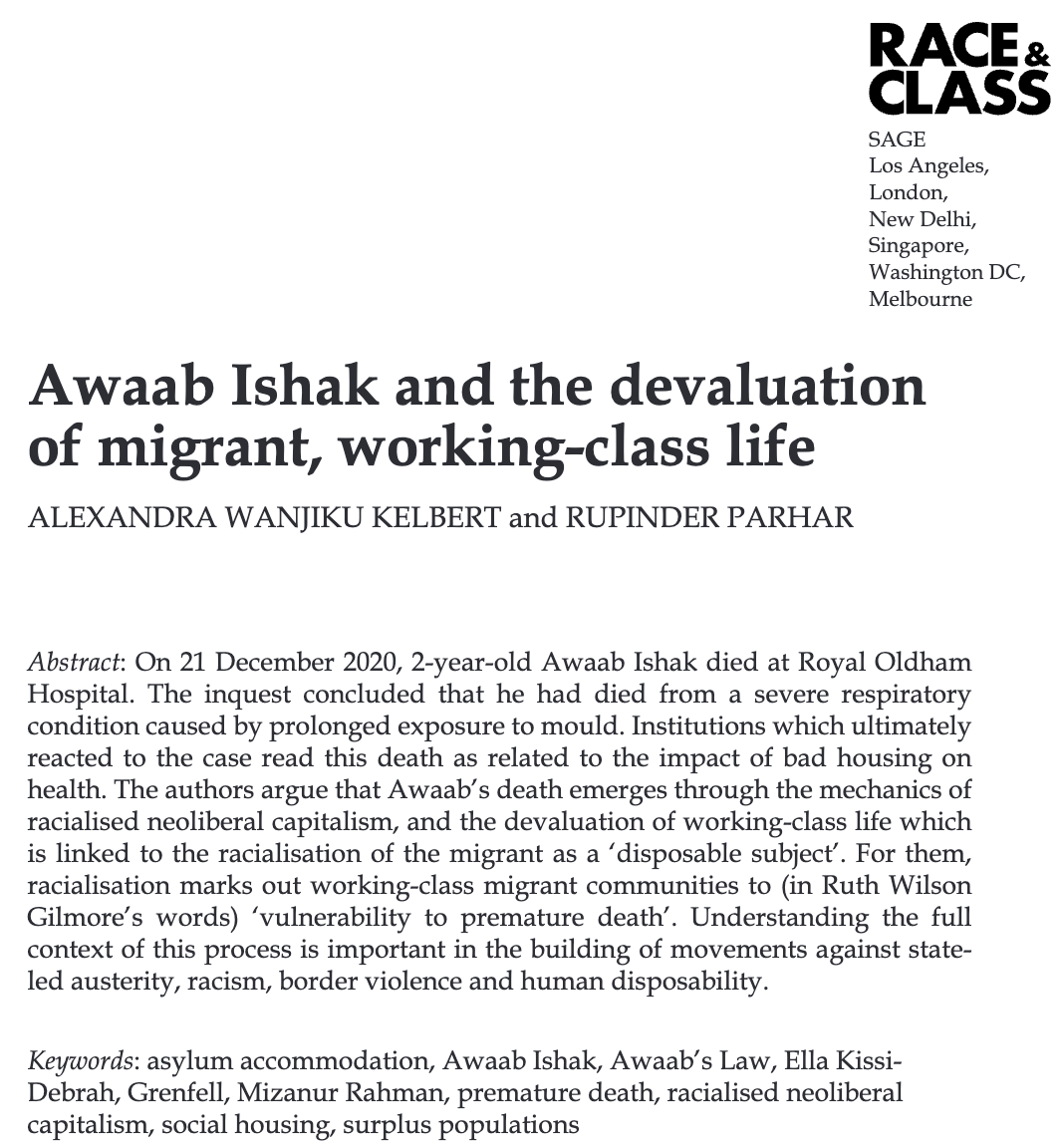 Race_Class's tweet photo. Awaab Ishak &amp; the devaluation of migrant, working-class life by Alexandra Wanjiku Kelbert &amp; Rupinder Parhar

The authors analyse the mechanics behind Awaab's death which an inquest found was due to respiratory condition caused by prolonged mould exposure.
https://t.co/n9Z8HJY0As https://t.co/Hud5w67wSm