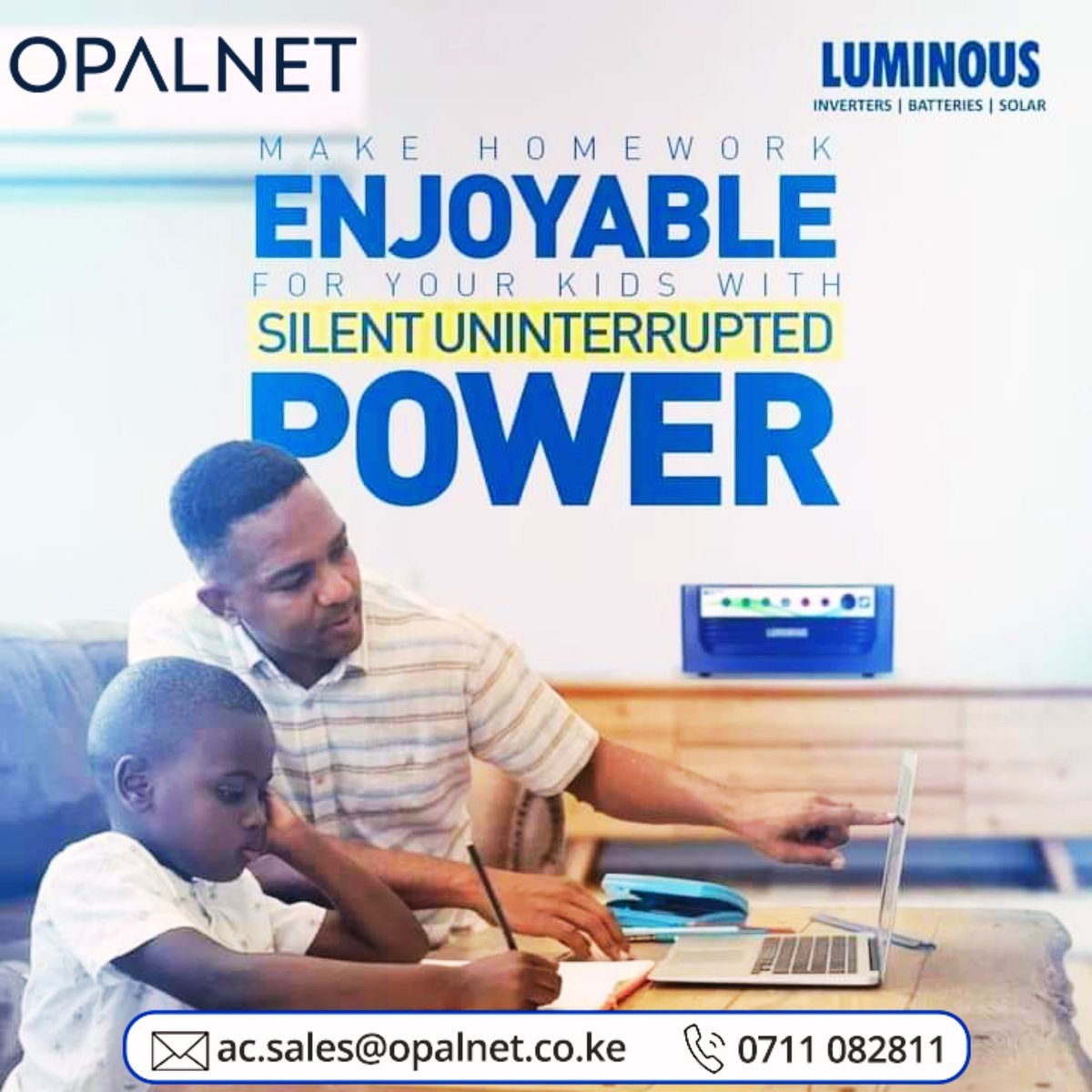 OpalnetLimited's tweet image. Empower your kids to enjoy their homework time without any power interruptions. With Luminous Inverters from Opalnet, experience silent &amp;amp; reliable power that keeps the lights on. 
📞Contact us today: 0711 082811 for more information
✉️Email: ac.sales@opalnet.co.ke
#LuminousSolar
