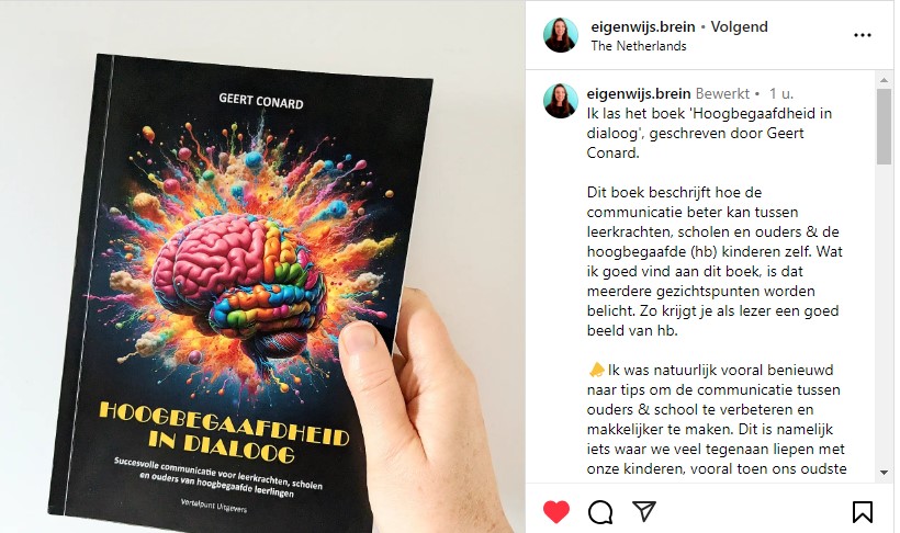 Omdat mijn boek "Hoogbegaafdheid in dialoog" nu ook aandacht krijgt in Nederland, hebben we verzendopties naar Nederland toegevoegd op onze webshop. 
Met dank aan psychologe Anna Garssen voor de mooie bespreking die vandaag verscheen op Instagram.