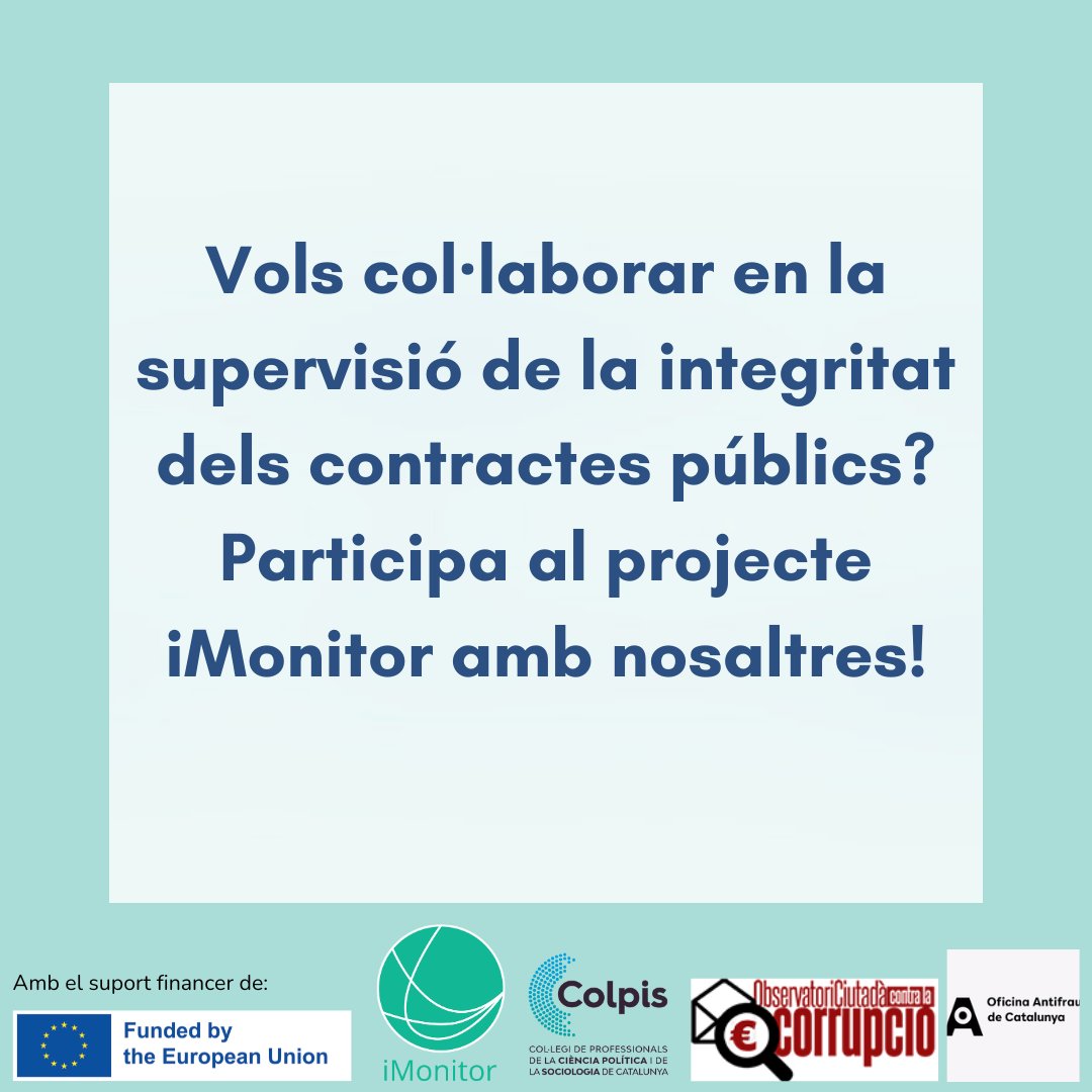 Col·labora en la supervisió dels contractes públics amb el projecte #iMonitor 👉bit.ly/3Tn4DWn
🔔Comencem el 30 de setembre! Matrícula oberta ➡️forms.gle/jbqLwpVuKRTLdF…
<a href="/antifraucat/">Antifrau de Catalunya</a> <a href="/StopCorrupcio/">Observatori Ciutadà Contra la Corrupció (O3C)</a>