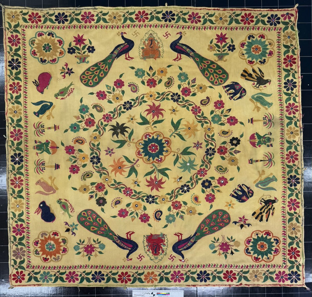 Landi_company's tweet image. If you’ve been following us for a while, you’ll remember this flood damaged Indian Wall Hanging. Swipe to see a before and after, the client is delighted ➡️ #textileconservation #conservation #textiles
