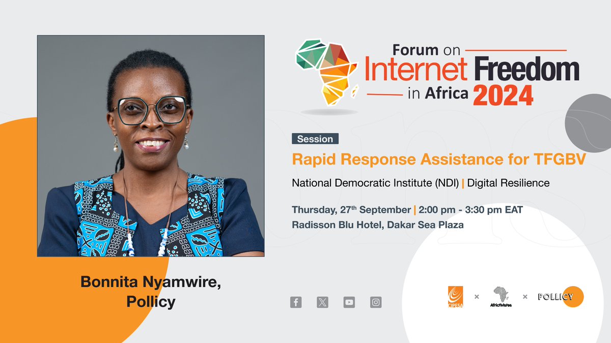 This afternoon, our Director of Research, Bonnita Nyamwire, will be speaking on the "Rapid Response Assistance for TFGBV" panel at #FIFAfrica24, exploring a new mechanism developed by <a href="/NDI/">National Democratic Institute</a>, <a href="/freedomhouse/">Freedom House</a>, and <a href="/PirthOrg/">pirth.org</a> to support women in politics facing tech-facilitated GBV.