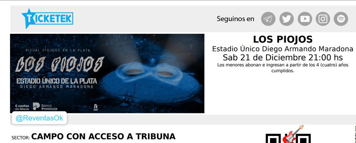 ReventasOk's tweet photo. VENDO ENTRADAS PARA LOS PIOJOS EN ESTADIO ÚNICO

- Sector: CAMPO CON ACCESO A TRIBUNA
- Cantidad: 1 o 2 entradas
- Referencias de anteriores ventas
- Se presentan todos los comprobantes necesarios
- No se aceptan señas

Hashtags: Ciro Micky Ticketek Venta https://t.co/zhmzF5dsKk