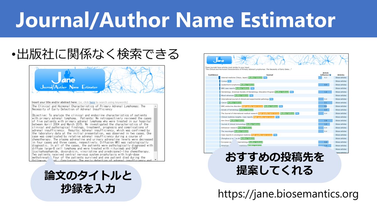 Ko__Harada's tweet photo. 【論文投稿先検索ツール】 
論文の投稿先に迷った時、投稿先検索ツールが役立つことがあります。   

タイトルや抄録を入力すると、おすすめの投稿先を提案してくれるというもの。  

Impact Factorやオープンアクセスの有無、採択率、出版までの平均日数などが比較できるのがメリット。     

見当違いな雑誌を提案されることも多いのであくまで参考程度に。