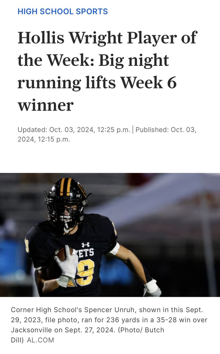 Spencer Unruh RB #29 (@spencerunruhrb) on Twitter photo Hollis Wright Player of the Week: Big night running lifts Week 6 winner ‼️al.com/highschoolspor… <a href="/DerrickDnix/">Coach Derrick Nix</a> <a href="/Coach_B_DEAD/">Brandon Deaderick</a> <a href="/CoachDoss25/">Jason Doss</a> <a href="/CoachZCrisler/">Zach Crisler</a> <a href="/BrendtBedsole/">Brendt Bedsole</a> <a href="/Coach_Tatum58/">Kyle Tatum</a> <a href="/therealkwat/">Kenyatta Watson</a> <a href="/CJacksonPRZ/">Connor Jackson</a> <a href="/CoachHollifield/">Adam Hollifield</a> @AuburnLiveOn3 <a href="/PlayBookAthlete/">PLAYBOOK ATHLETE</a> <a href="/CollegeScoutFL/">Coach TJ Risner</a> Hollis Wright Player of the Week: Big night running lifts Week 6 winner ‼️al.com/highschoolspor… <a href="/DerrickDnix/">Coach Derrick Nix</a> <a href="/Coach_B_DEAD/">Brandon Deaderick</a> <a href="/CoachDoss25/">Jason Doss</a> <a href="/CoachZCrisler/">Zach Crisler</a> <a href="/BrendtBedsole/">Brendt Bedsole</a> <a href="/Coach_Tatum58/">Kyle Tatum</a> <a href="/therealkwat/">Kenyatta Watson</a> <a href="/CJacksonPRZ/">Connor Jackson</a> <a href="/CoachHollifield/">Adam Hollifield</a> @AuburnLiveOn3 <a href="/PlayBookAthlete/">PLAYBOOK ATHLETE</a> <a href="/CollegeScoutFL/">Coach TJ Risner</a>
