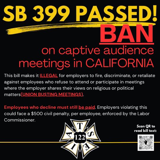 🚨🚨 Workers Win!! Organizing Victory!!  
In California, it is now illegal for employers to force workers to attend captive audience meetings aimed at preventing a fair and free union election. 
<a href="/CaliforniaLabor/">California Federation of Labor Unions</a> <a href="/IATSE/">IATSE // #IASolidarity</a>