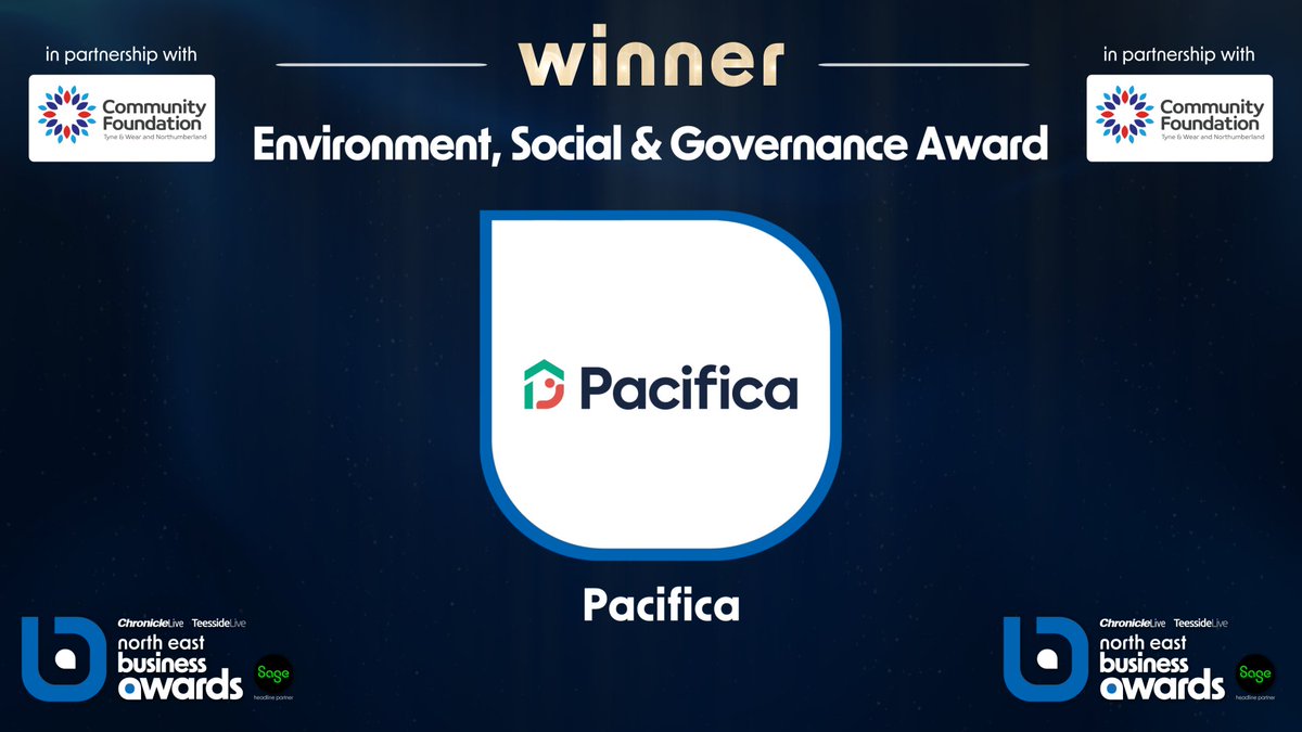 North East Business Awards (@nebizawards) on Twitter photo Next up, it's the Environment, Social & Governance Award, in partnership with @CFTyneWearNland. Our fantastic finalists are:
 
~ <a href="/aspirets/">Aspire Technology Solutions</a>
~ <a href="/Pacifica_Ltd/">Pacifica</a> 
~ BA Joinery
 
The award winner is announced... and it goes to... Pacifica! Congratulations!
 
#NEBizAwards Next up, it's the Environment, Social & Governance Award, in partnership with @CFTyneWearNland. Our fantastic finalists are:
 
~ <a href="/aspirets/">Aspire Technology Solutions</a>
~ <a href="/Pacifica_Ltd/">Pacifica</a> 
~ BA Joinery
 
The award winner is announced... and it goes to... Pacifica! Congratulations!
 
#NEBizAwards