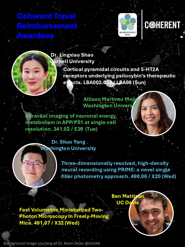 Ewa Zarnowska 🦄 🧠 🔬 (@ewadorotaz) on Twitter photo 🚨 Announcement! 🚨
Meet the 4 early-career winners of the Coherent Travel Awards at <a href="/SfNtweets/">Society for Neuroscience (SfN)</a>! Be sure to stop by their posters to learn more about their innovative #neuroscience research and the instruments they use.
🔬 Lingxiao Shao
🔬 Allison Martinez Mejia <a href="/a_martinezm31/">Allison Martinez Mejia</a> 🚨 Announcement! 🚨
Meet the 4 early-career winners of the Coherent Travel Awards at <a href="/SfNtweets/">Society for Neuroscience (SfN)</a>! Be sure to stop by their posters to learn more about their innovative #neuroscience research and the instruments they use.
🔬 Lingxiao Shao
🔬 Allison Martinez Mejia <a href="/a_martinezm31/">Allison Martinez Mejia</a>