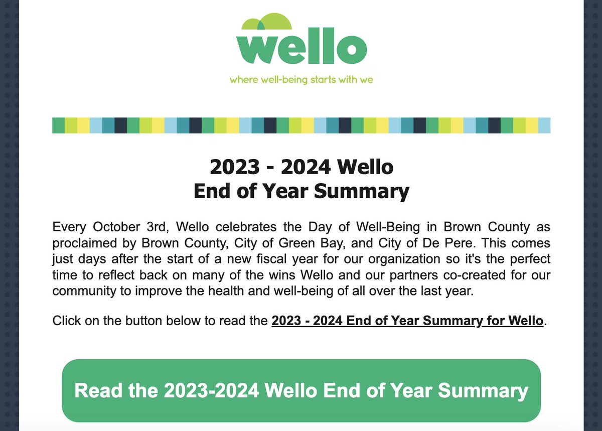 Last week marked the start of a new fiscal year for Wello so it's the perfect time to reflect back on many of the wins Wello and our partners co-created for our community over the last year.

Read the 2023-2024 Wello End of Year Summary today at - conta.cc/3Y70RDg