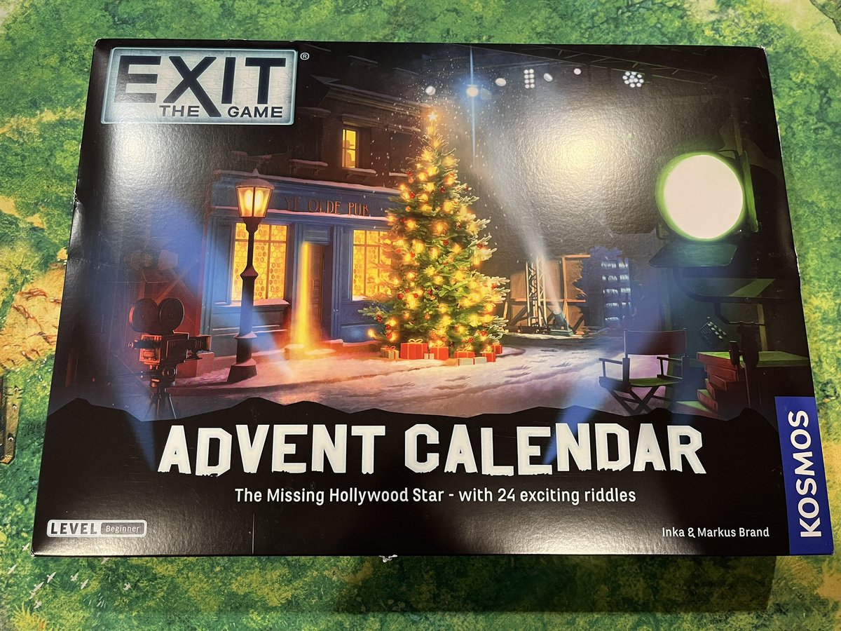 EricSummerer's tweet photo. As I did last year, I’m playing through the new EXIT advent calendar a couple months early. This one is Hollywood themed, and has you exploring a movie studio. Film references abound! Also, a new clamshell style closure for the lid. @ThamesAndKosmos https://t.co/2Vr9Jws0RZ