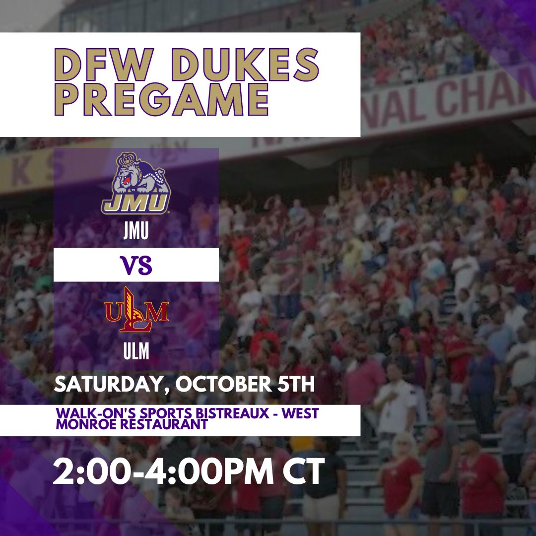DFWDukes's tweet image. UPDATE! 🏈 Instead of a tailgate, the DFW Dukes will now be planning on getting together at Walk-Ons in Monroe, LA for a pregame get together from 2:00-4:00pm CT! No RSVP needed.