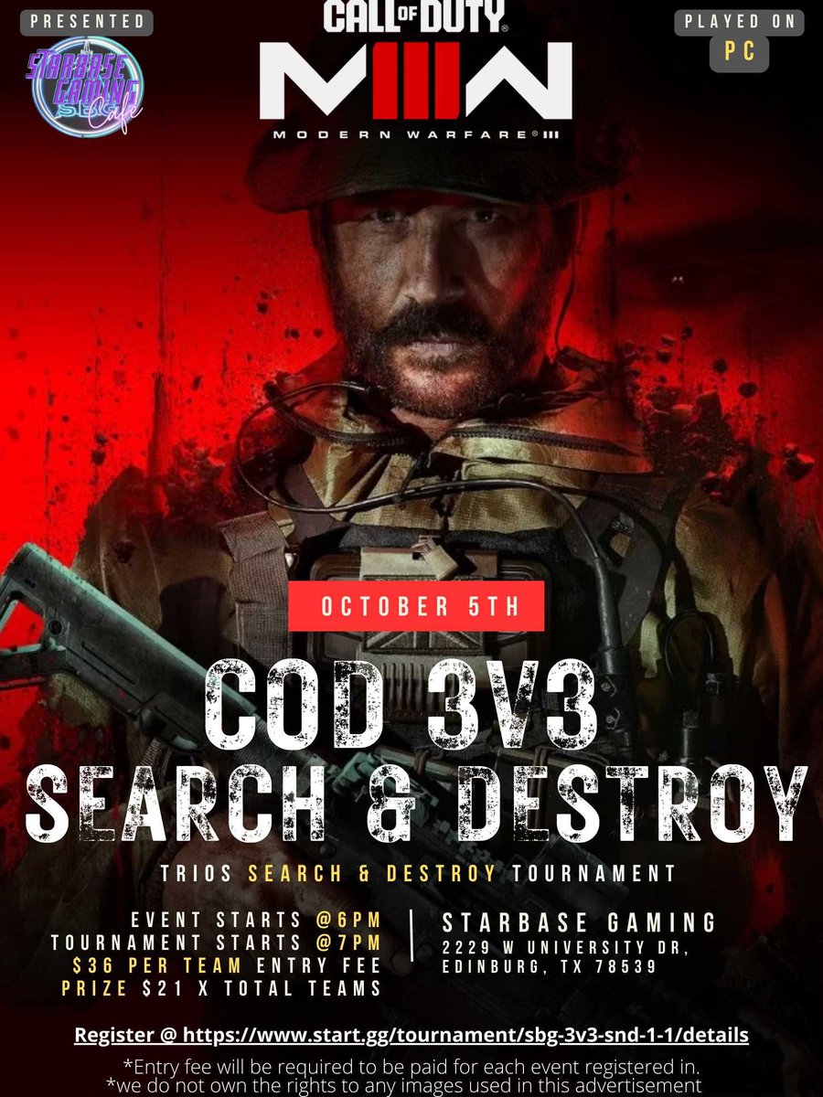 StarBaseGaming's tweet photo. Join us here at 6pm for our Call of Duty 3v3 search and destroy tournament. It will be $36 per team and the prize is $21x total teams. To register for the tournament sign up here using this link.
Link:https://t.co/E5F41Zftec https://t.co/qv2xDNtzrK