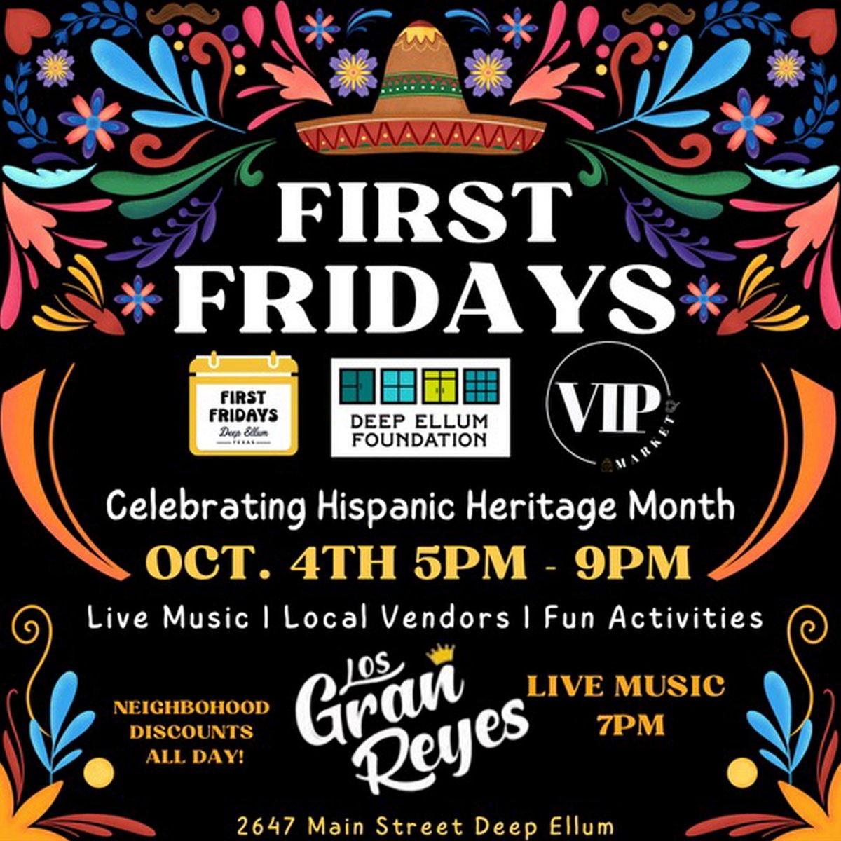 DeepEllumLofts's tweet photo. Join Deep Ellum First Fridays as the celebration of Hispanic Heritage Month continues! Explore the new market by VIPMarketx, enjoy neighborhood-wide discounts, and head to the Plaza on Main Street at 7p for live music by Los Gran Reyes! https://t.co/47vqpFFXg3