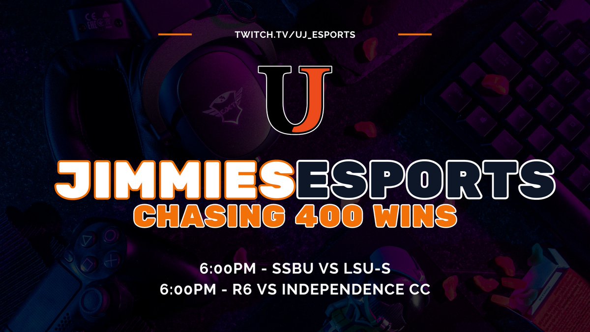 Tonight our program tries to secure our 400th overall win! We're currently sitting at 398 so we need your support for both games tonight. Here's the schedule:

6:00pm SSBU vs LSU-S
6:00pm Rainbow Six Siege vs ICC

twitch.tv/uj_esports Let's get this milestone!