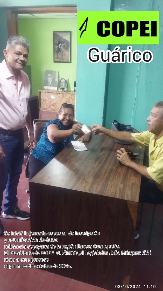 #lnscripcionyactualizaciondedatos se inició en el estado GUÁRICO.
El Presidente del Partido COPEI GUÁRICO, Leg. Julio Márquez, en compañía con los otros miembros de la directiva regional, iniciaron el proceso este 1 de octubre.