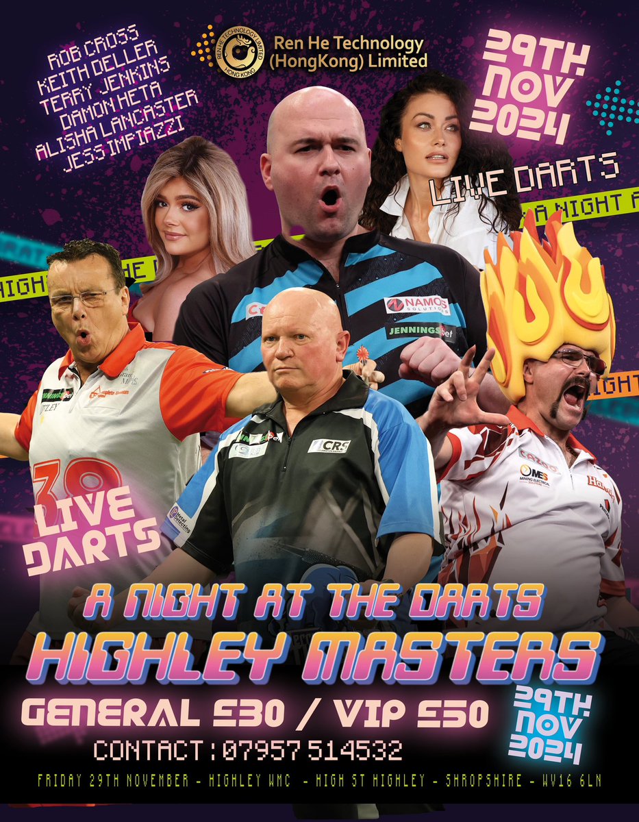 Darts once again comes to Highley Shropshire! And what a line up! <a href="/RobCross180/">Rob Cross</a> <a href="/DamonHeta180/">Damon Heta</a> <a href="/BULLYBULLY170/">Terry Jenkins</a> <a href="/KDeller138/">Keith Deller MBE</a> and your walk on girls for the evening <a href="/jess_impiazzi/">Jess Impiazzi</a> and <a href="/AlishaMayL/">Alisha Lancaster</a> !! 🎯🎯🎯🎯 Don’t miss out! Message to get your tickets! Very limited VIP