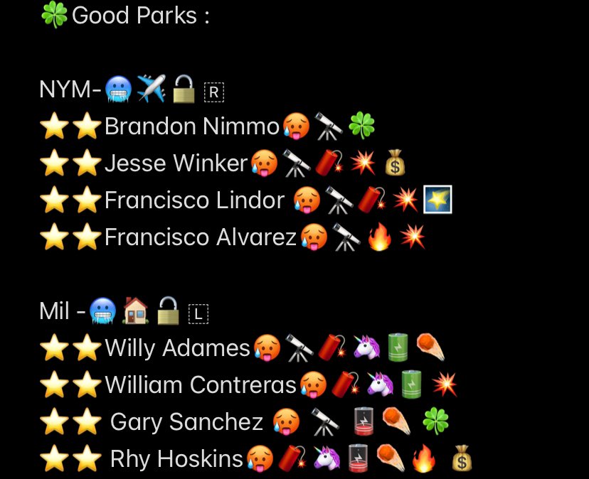 ttvkingdumble's tweet photo. Star Tool THREAD  ⭐️⭐️ 

🚨Remember focus on hits , Ks and bases for the PLAYOFFS!🚨

Some people may be missing due to line up changes ! 

Drop your parlays in the comments! 

(would love to hear feedback and please retweet and like it thanks 🍀)

All these people have potential to go yard today! They look great against their match ups! Use your brain good luck!  

🍀 My personal favorite for the day
(Do not let these influence your picks! Unless you want it!🚨🛑)

💤 Super Sleeper for the day If this person is in the line up a straight might be the move (Do not let these influence your picks! Unless you want it!🚨🛑)

✈️ Team that is Away
🏠Team That is home

🦄 1- 3 HR against the Pitcher 

🌠 Over 8 + HR in the scenario that they are in aka ( if the are vs a RHP at home / LHP AWAY ETC)

👑Whoever holds the crown is In the top 25 for home runs for that specific Day 

🥊 The Pitcher that this team is VS Packs a Punch Possibly take them for (4-6 Ks)

🇷Right Handed Pitcher
🇱Left Handed Pitcher

🔐 This team is VS a Good Pitcher 

🔓 This team is VS a Bad Pitcher 

1️⃣2️⃣3️⃣ This park excels in 1 : Singles 2: Doubles 3: Triples 

🧨 This person has 10 - 14 % Barrell 

💰(Risky Straight ! Put this person in for a straight or put them in a sgp with the Fave and it might just cash!)

💥(This person is great for a hit lay paired with 🔋🔥 Might be good for 2 hits )

☄️(This person has had a Batted Ball Event Against this pitcher ! This Can include Fly balls , Popouts, Foul Balls ETC) THIS IS A TEST LABEL !  YOU CAN CHOOSE TO IGNORE! 

🚀 Higher than 15% barrell! These dudes are strong as hell and can smack on anyone if they get the right ball! 

🔋Higher than .500 SLG or OPB ( SLG = Number of Bases Per Bat and OPB = How often this player gets on base ) YOU SEE THIS ITS A GOOD THING!

🪫 Lower then .500 SLG or .500 OPB ! Means they faired well against this pitcher last time the met! But not the best.

🔭 This person has the stats to go yard ! Not my fav of the day but it could be yours if it alligns with you! 

🔥 This person has been hot for over 2 weeks they have been seeing the ball well! ( Doesn’t mean they have been hitting home runs! But they have been able to get on base and get hits)

🥵This players heat map and the pitchers heat map line up! This player is right in the sweat spot! With the right pitch this player could go yard regardless of weakness! 

☀️Balls travel a couple feet futher when its hotter ! More suns the better!
☁️Average Temperature 
🥶Below 75 degrees! 

🔄 If someone is missing out of the line up sub this person in! 

For 🤮 Bad parks your pick will need a bit more power and barrell %! 

Also i would love to see your lays you create from it! 

Use this as a reference ! All these people look good against their pitching match ups! 

Do research on them for your own picks ! But these are the ones who i like today! 

#mlb #gamblingx #moneyline #parlay #lotto #fanduel #SportsBettingX #SportsCapper #gamblingx #gamblingtwitter #gamblingtool #mlbcheatsheet #mlbhomeruns