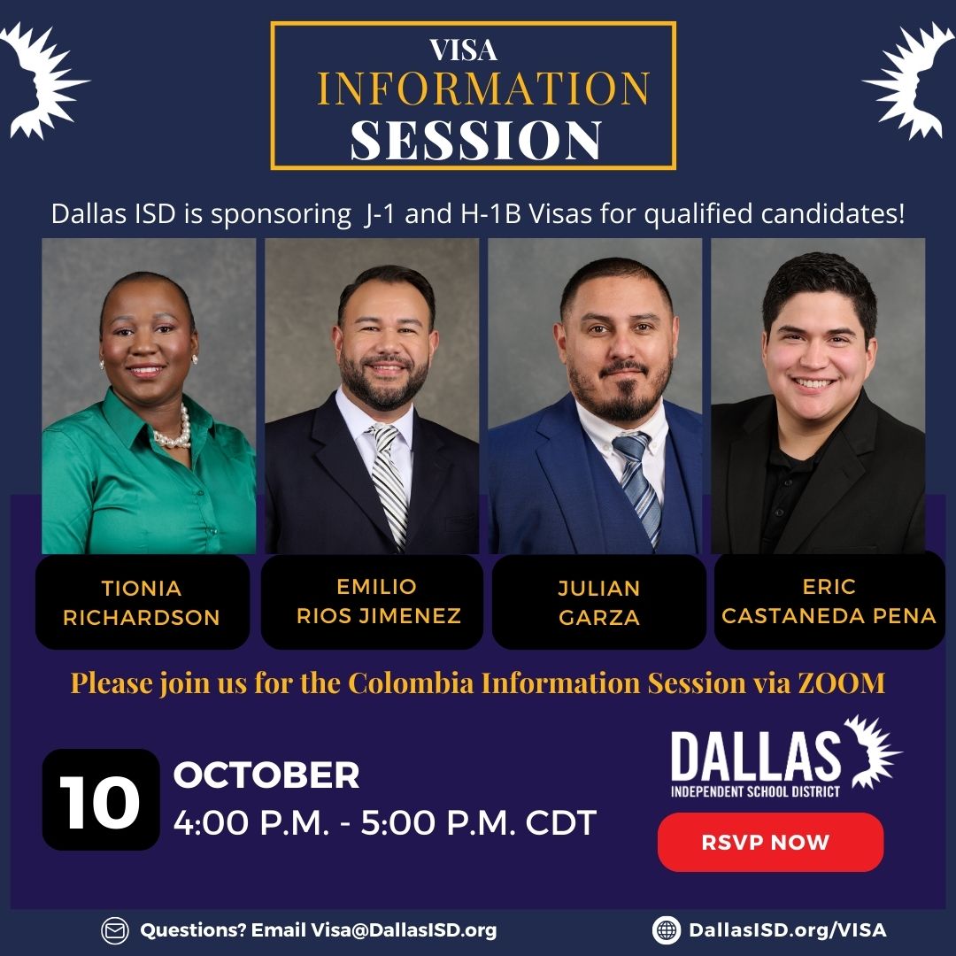 MelodyATillman's tweet photo. Attention Colombia Residents, have you considered teaching in Dallas, Texas? Dallas Independent School District is sponsoring J-1 and H-1B Visas!

Join us for our Dallas ISD Colombia, Visa Virtual Information Session via Zoom:

RSVP today at https://t.co/k1f060XjKB. https://t.co/CzGaD4286Q