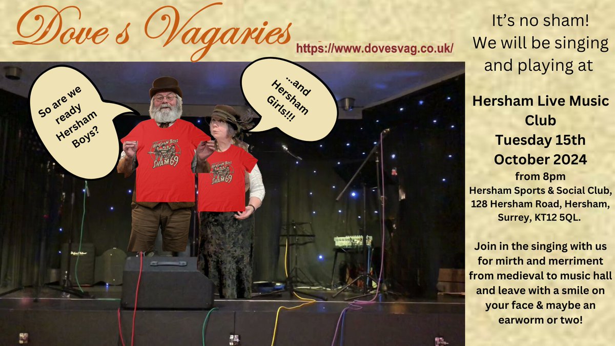 DovesVagaries's tweet photo. Tues 15 Oct singing &amp; playing Hersham Live Music Club as part of evening entertainment 8pm come  along &amp; join in with us for mirth and merriment from medieval to music  hall #folkmusic #traditionalmusic #folksong #earlymusic #comedysong #musichallsong #surreyfolk #folkmusicsurrey https://t.co/Hnh1fDcsYj