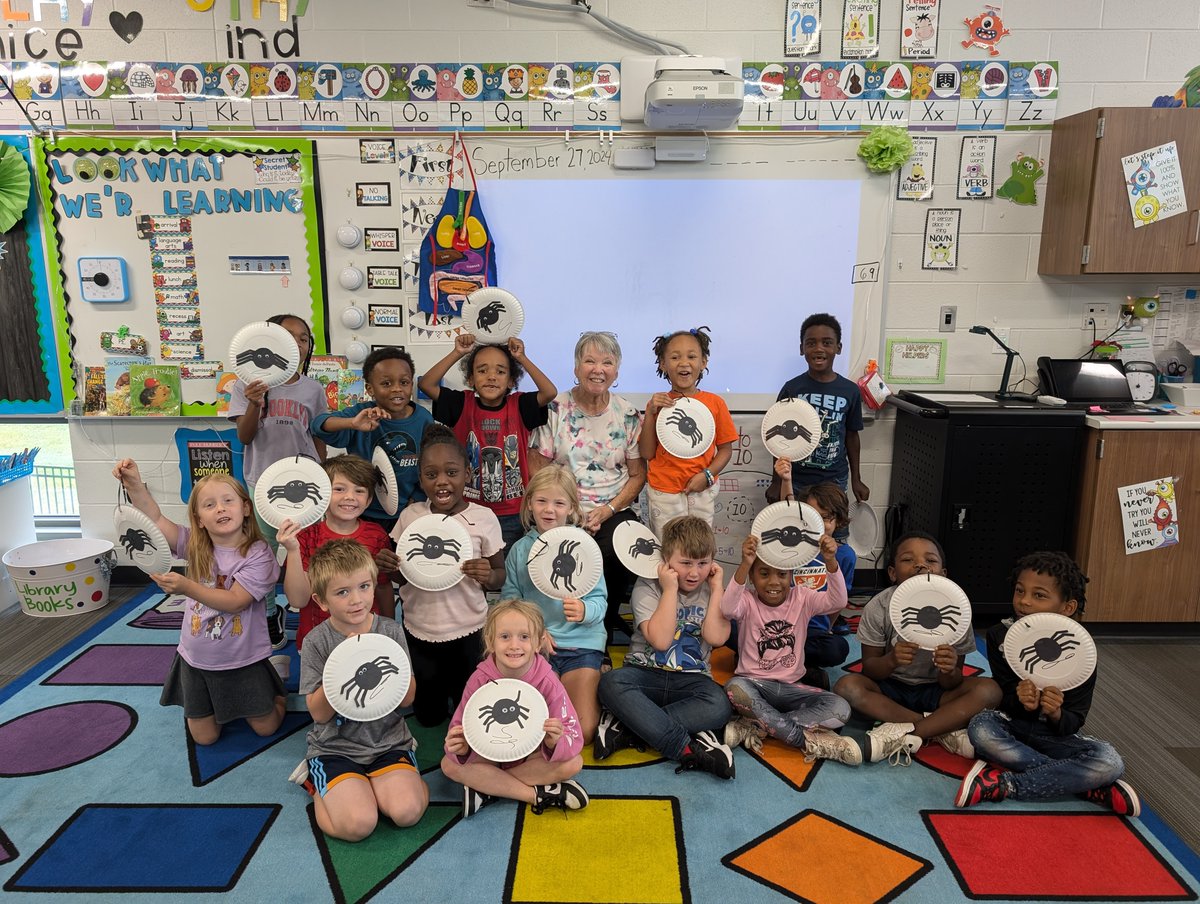 PREPRIDE's tweet image. First-graders had a special guest reader!  Mrs. Weathers (Principal Weathers's mother) read a story about spiders.  The students discussed facts about spiders and then ended the activity with a fun craft.