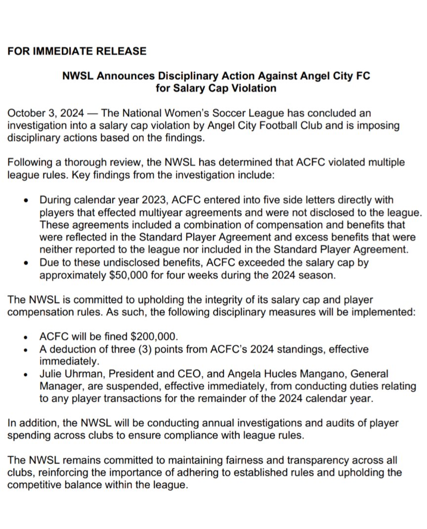 JeffKassouf's tweet photo. BREAKING #NWSL news: Angel City has been fined $200K, deducted 3 pts from standings, and Julie Uhrman and Angela Hucles Mangano are suspended the rest of the calendar year for a salary cap violation after league investigation. NWSL will now audit all club spending. https://t.co/CBaRqrxX0Z