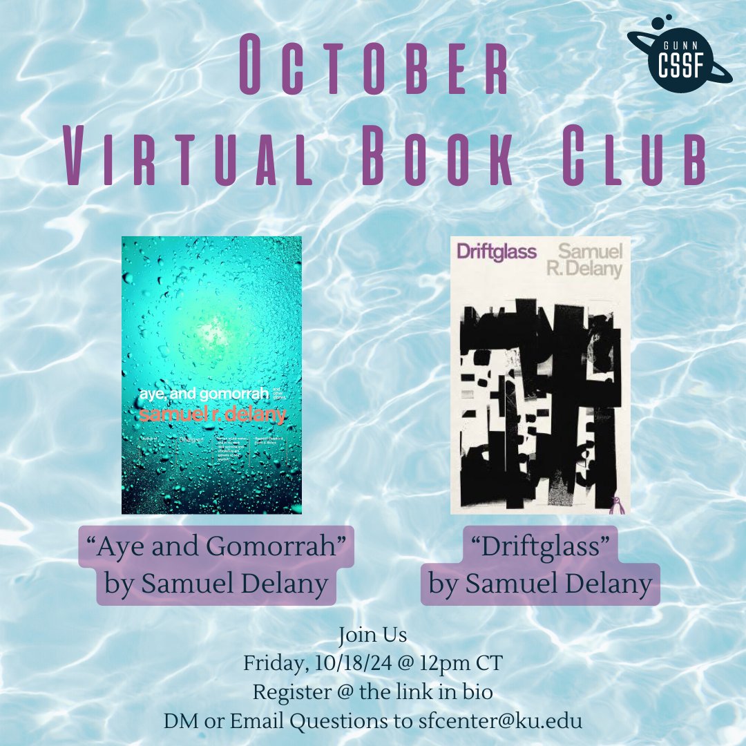 📚 Join our October Virtual Book Club on Oct 18 at 12 PM CT to discuss Samuel R. Delany’s “Aye and Gomorrah” and “Driftglass”! 🌌

Explore these iconic stories in a lively discussion with fellow sci-fi fans! 🚀

Registration &amp; Zoom link in bio.

#SamuelDelany #SpeculativeFiction