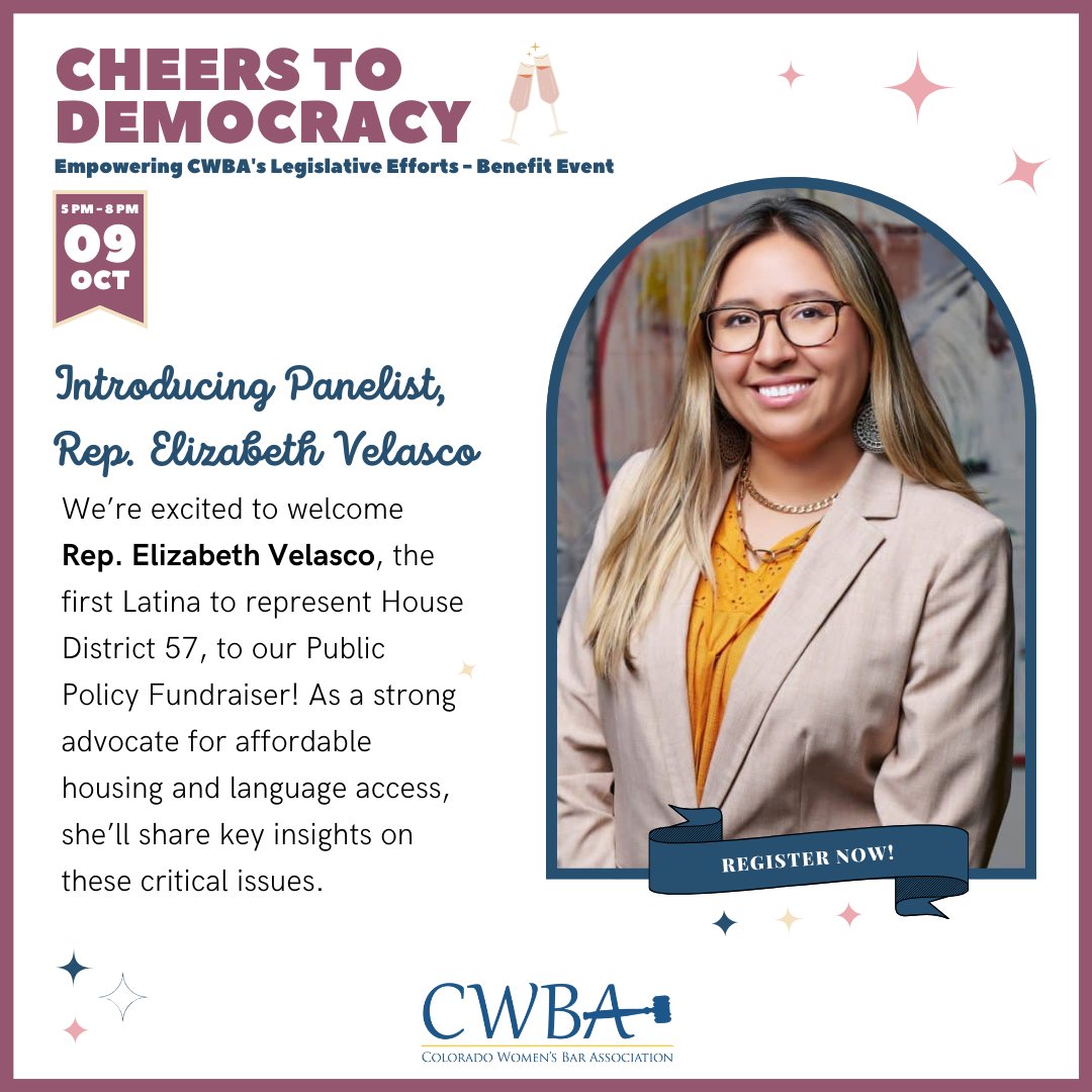 ColoWomensBar's tweet photo. Thrilled to have Rep. Elizabeth Velasco as a panelist at our Public Policy Fundraiser! Hear her insights on affordable housing and language access.
Donโt miss outโget your tickets now: https://t.co/pSv3al97fX
#PublicPolicy #CWBA #CommunityLeadership https://t.co/UBGHVHC09T