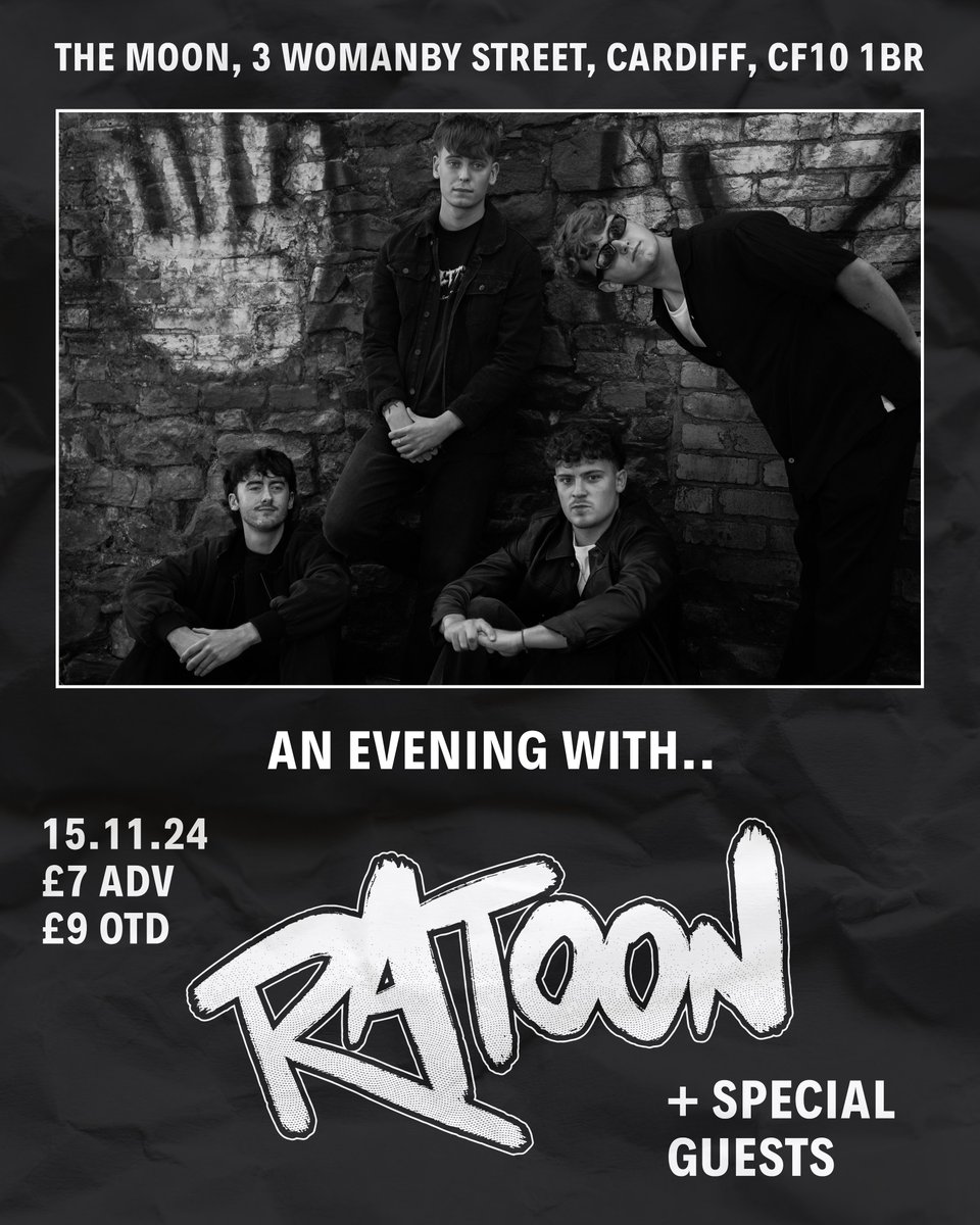 RATOON (@ratoonband) on Twitter photo we finally decided to gig again, so we're playing <a href="/TheMoonCardiff/">The Moon Cardiff 🎟️SUPPORT YR LOCAL MUSIC VENUE</a> on november 15th. playing some old stuff (and very limited new stuff). we have friends joining us so support announced soon :)
tickets: eventbrite.com/e/ratoon-live-…
poster - <a href="/matt_dyfan/">Matt Chedgzoy</a>
photos - Olivia Young we finally decided to gig again, so we're playing <a href="/TheMoonCardiff/">The Moon Cardiff 🎟️SUPPORT YR LOCAL MUSIC VENUE</a> on november 15th. playing some old stuff (and very limited new stuff). we have friends joining us so support announced soon :)
tickets: eventbrite.com/e/ratoon-live-…
poster - <a href="/matt_dyfan/">Matt Chedgzoy</a>
photos - Olivia Young