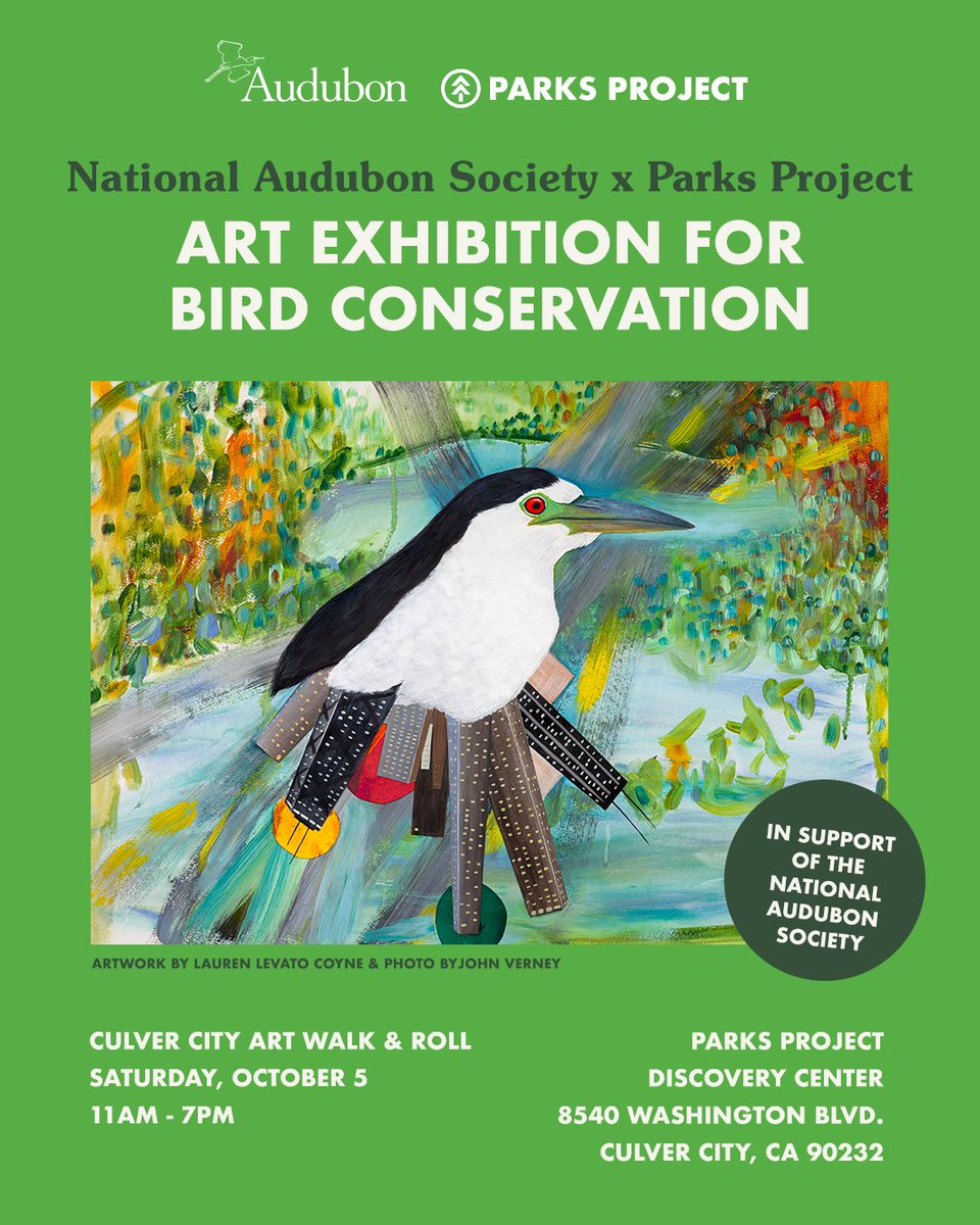 In the Los Angeles area on October 5? We're thrilled to partner with Parks Project to bring Audubon's The Aviary series to life at the Culver City Art Walk. Check out the free public exhibition, learn about the project, &amp; purchase prints of the artwork: audubon.org/ArtWalk2024