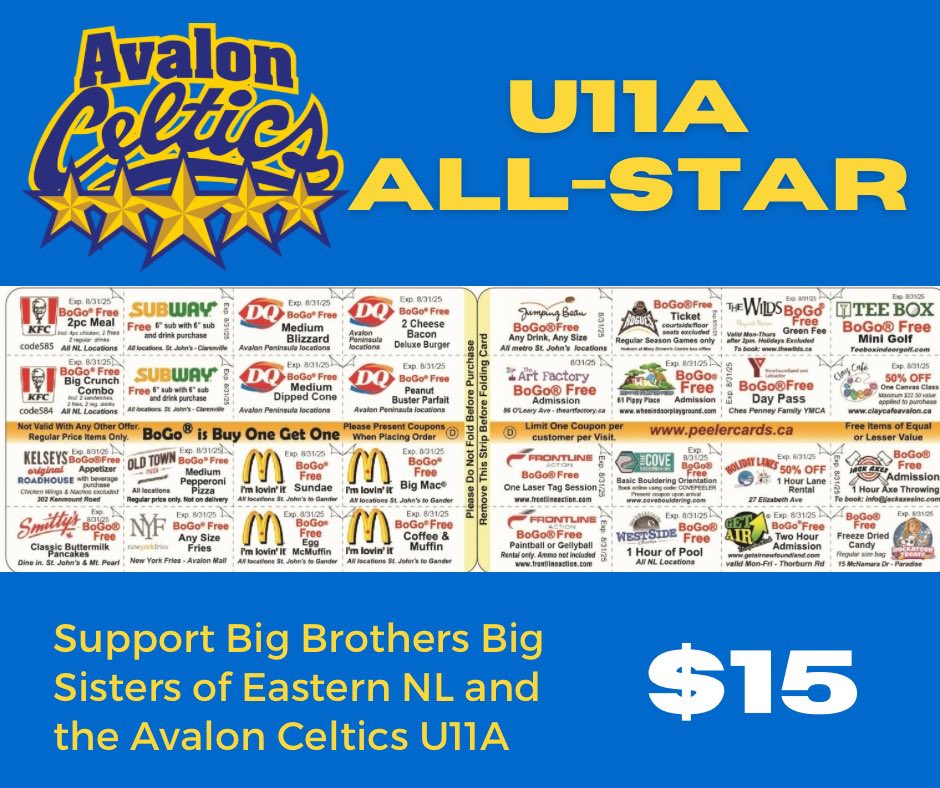 AvalonU11a's tweet photo. $475 in Food and Entertainment savings for only $15 a Peeler Card! Please reach out to a U11A player. Thank you for supporting Big Brothers Big Sisters of Eastern NL and the Avalon Celtics U11A All-Star Team 💙💛 https://t.co/UJ8IrB4fFJ