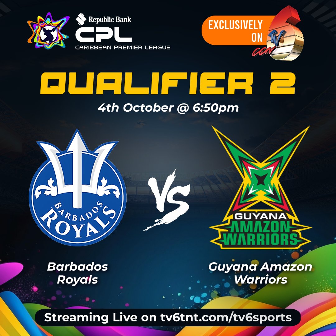 tv6tnt's tweet photo. 😉Who are you supporting in this @CPL Qualifier 2? Drop 🇬🇾 or 🇧🇧 to let us know.
#Match33: @amznwarriors 🇬🇾 vs @BarbadosRoyals 🇧🇧 at 7:00pm
👉Watch D' CPL ON TV6 🏏 via the CCN TV6 app📲 , on https://t.co/q72x6F7dTu 💻or on channels 6 and 18 📺
#WATCHDCPLONTV6 #TV6 https://t.co/xyUqLJFd84