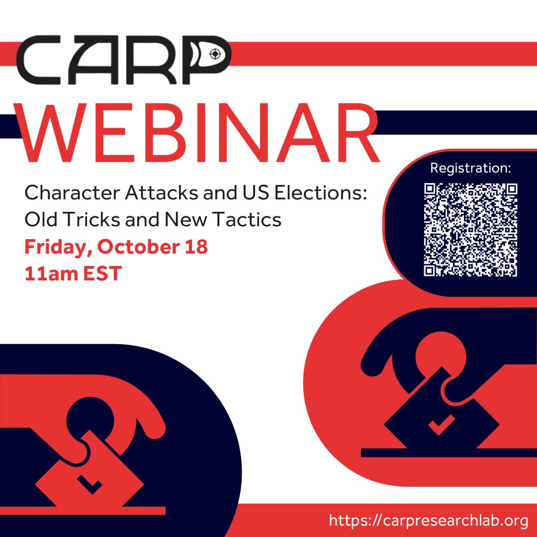 📢Join us for a #webinar on Friday, October 18th at 11am featuring CARP’s core faculty members — Dr. Shiraev, Dr. Samoilenko, Dr. Icks, and Dr. Keohane. Make sure to register for the event! #characterassasination #USAElections