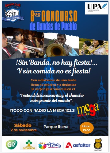 Rodrigoperiodis's tweet image. Por las fiestas de #Cuenca se viene el 8vo. Concurso de Bandas de Pueblo. Organizado por @AmistadClub #UPA y @RadioMega1033fm en el parque Iberia.
Grandes premios para los participantes !!
@MemesCuenquita @Academiatvec @cesartv78 @henryandra @hernanreportero