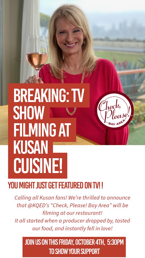 Kusan Uyghur Cuisine is so excited to share that <a href="/KQEDFood/">KQED Food</a>’s Check, Please! Bay Area is filming in our restaurant! Come by Friday 5:30 pm for a chance to be featured on the show and to say hi to the team! 👋 #CheckPleaseBayArea #KQEDFood