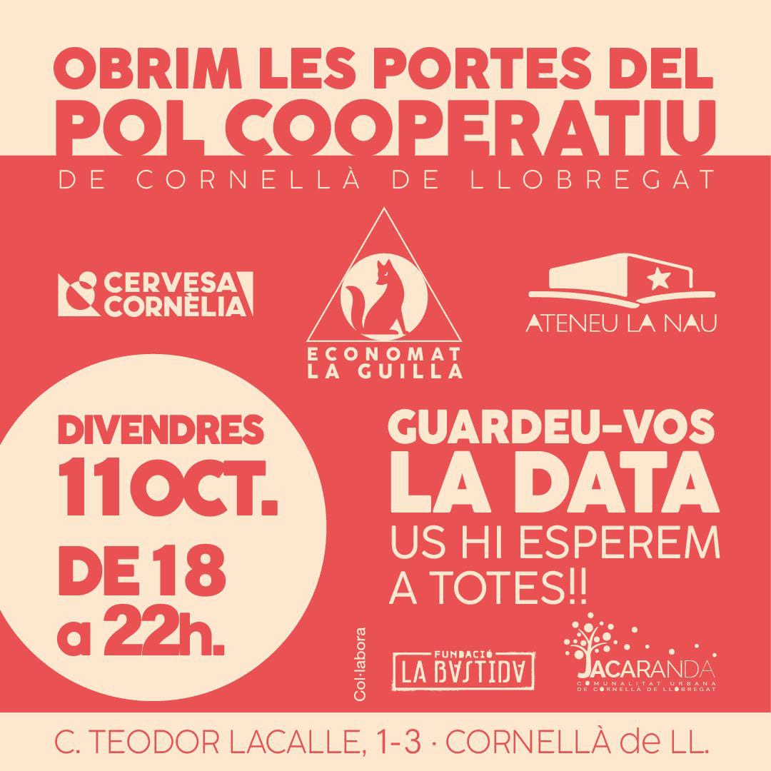 cervesacornelia's tweet photo. Divendres vinent, obrim conjuntament les portes d'un projecte que hem anat creant amb molt d'esforç i molta il·lusió, les diferents cooperatives i entitats que d'una manera o altre, estem implicades en aquest Pol Cooperatiu. Us hi esperem a totes. Seguim informant. https://t.co/9tEHKir4e7