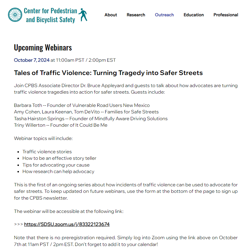 🚨 Join us Oct 7th @ 11 AM for a webinar by the Center for Pedestrian and Bicyclist Safety! Hear advocates turning traffic tragedies into action for safer streets. Moderated by Dr. Bruce Appleyard, featuring families &amp; survivors, including <a href="/keenan_bike/">Laura Keenan</a>.   
pedbikesafety.org